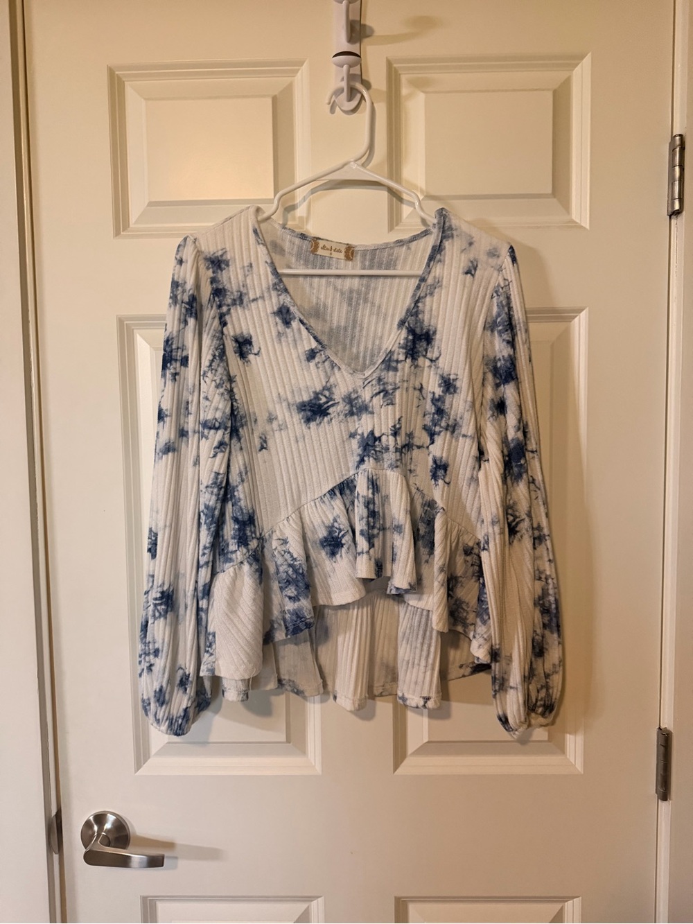 Altar'd State White and Blue Tie-Dye Ruffle V-Neck Tunic